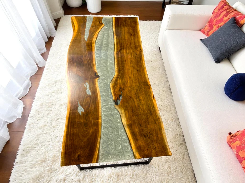 Grey Console Table with Live Edge Natural Acacia Wood Epoxy